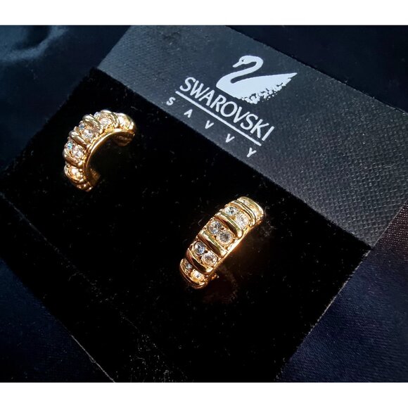 Vintage SWAROVSKI Signed Clear Rhinetones Half Hoop Clip On Earrings Gold Tone - Picture 1 of 10